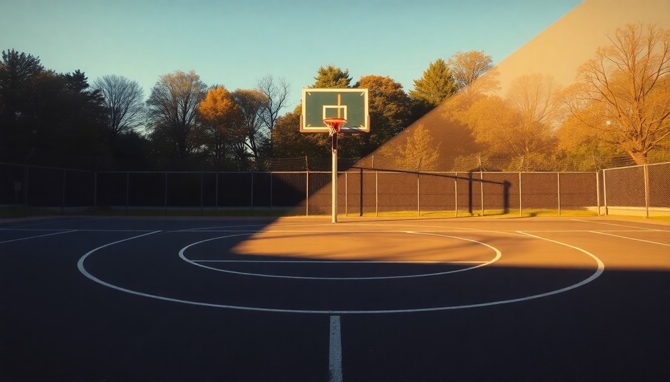 A serene, cinematic painting of a lone basketball hoop on an empty asphalt court, the warm sunlight and deep shadows creating a contemplative mood about the evolving landscape of collegiate sports.