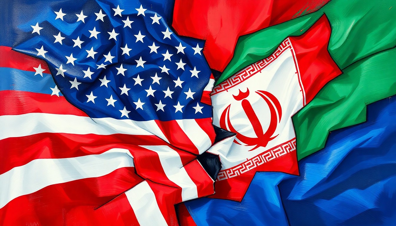 An abstract, fragmented painting of the U.S. and Iranian flags intertwined in a chaotic, geometric pattern, conveying the complex and unresolved tensions between the two countries.