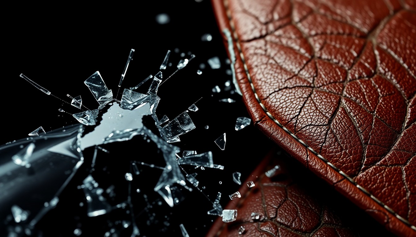 An extreme close-up photograph of jagged, cracked glass and torn leather textures, conveying the intense emotional tension and physical danger of the confrontation between Nick and Matt.