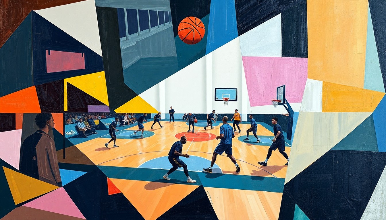 A cubist, geometric painting depicting the dynamic energy and movement of a basketball game, with players and the court deconstructed into abstract shapes and planes of color.