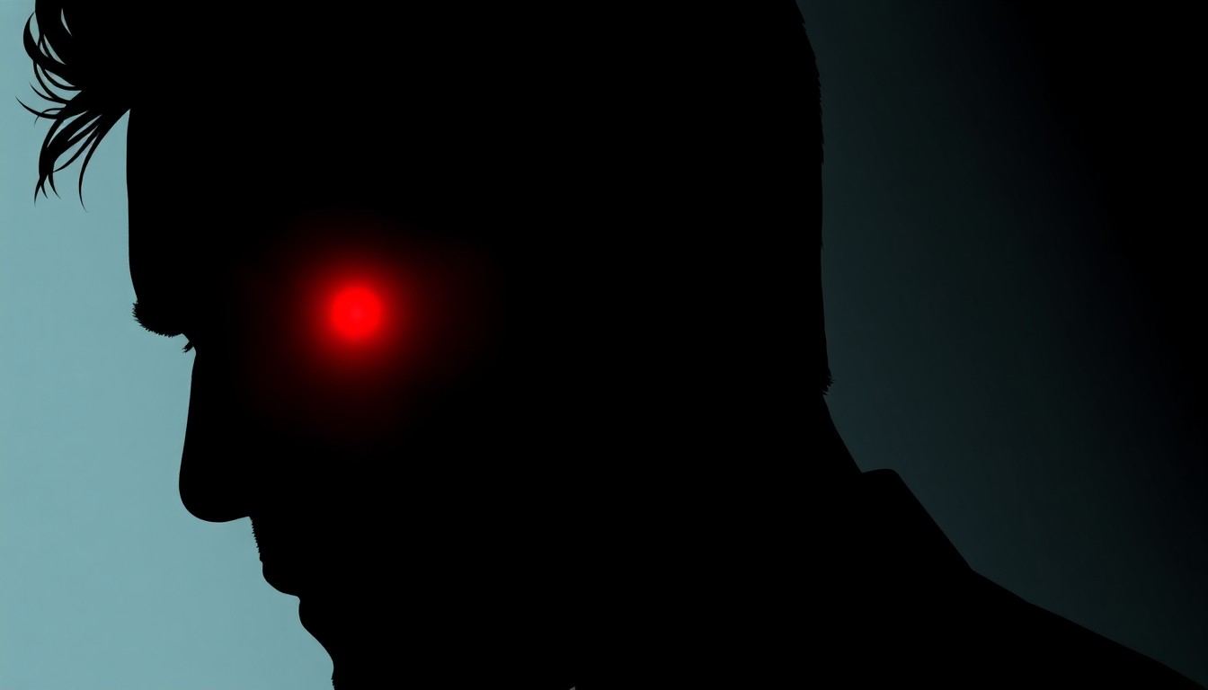 A bold, graphic black silhouette of a man's head in profile, with a glowing red light emanating from the eye, conveying the peril and high stakes of Nick Newman's situation as he faces his nemesis Matt Clark.