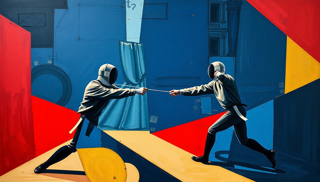 A cubist, geometric painting depicting a fencing match, with sharp, overlapping planes of navy blue, crimson red, and gold, capturing the dynamic movement and intensity of the sport.