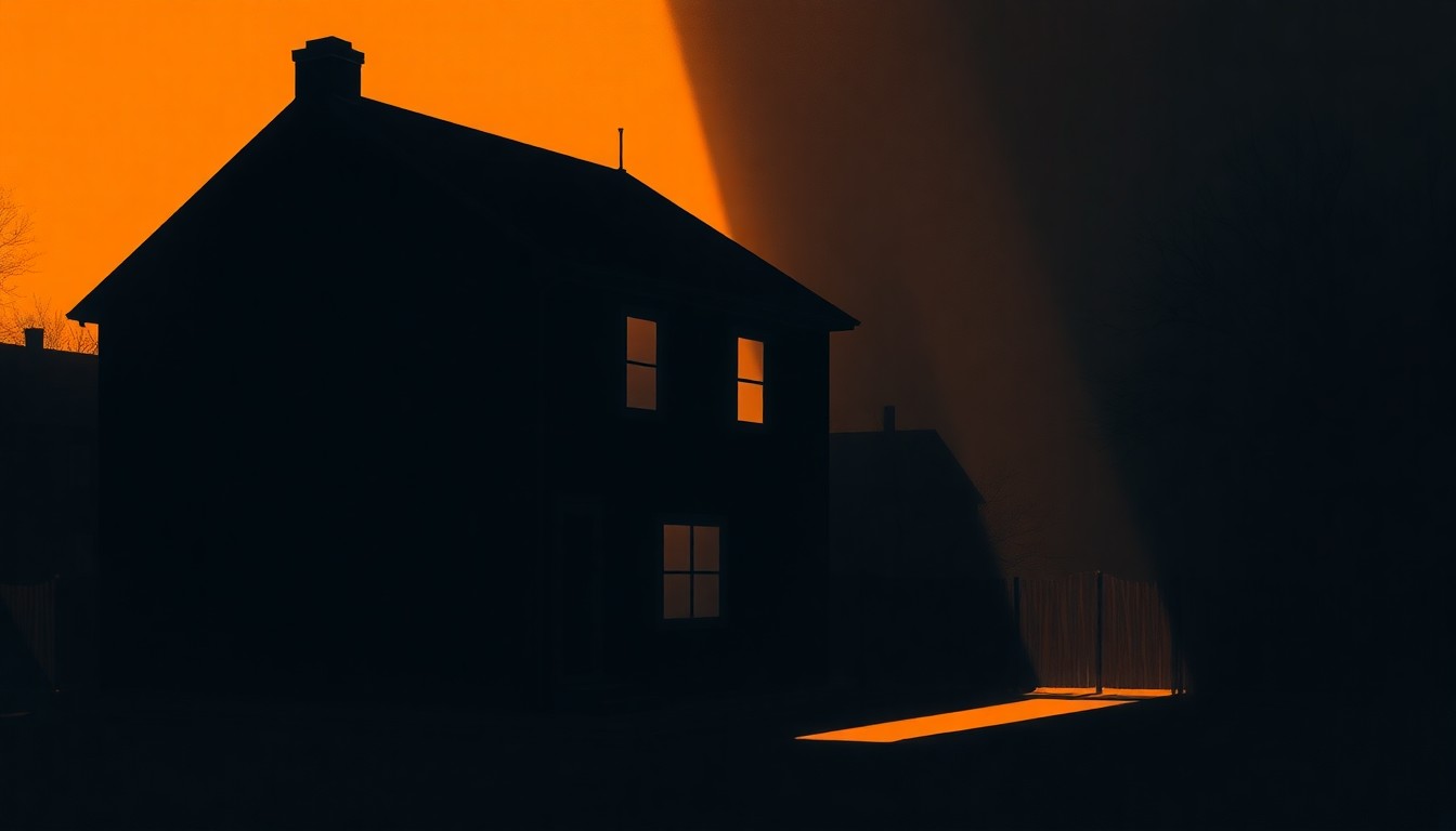 A serene, cinematic painting of a single-family home or apartment building in muted tones, with warm sunlight streaming through the windows and deep shadows casting a melancholy mood, conceptually representing the complex challenges of the housing crisis.