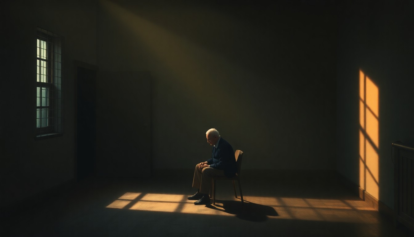 A cinematic painting depicting a lone Holocaust survivor sitting in a dimly lit room, the warm light casting deep shadows and highlighting the pensive expression on their face, conveying the emotional weight of their experiences.