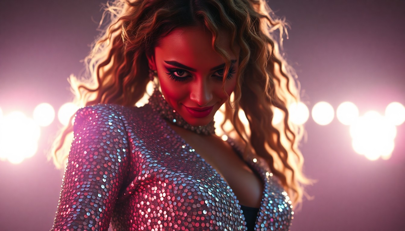 An extreme close-up photograph of a shimmering, sequined fabric texture in dramatic high-contrast lighting, conceptually representing the glamour and energy of Karol G's historic Coachella headlining performance.