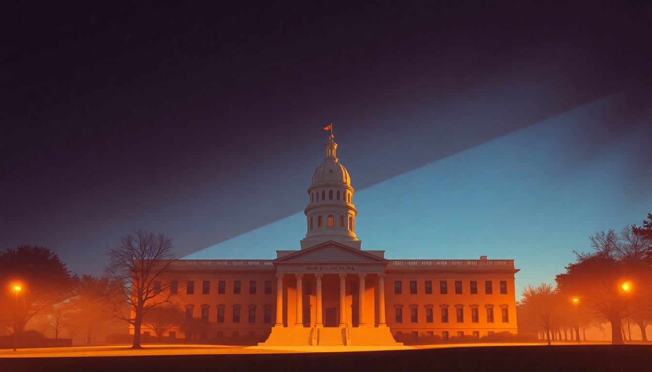 A serene, photorealistic painting of a North Carolina state capitol building, with the structure bathed in warm, golden light and surrounded by deep shadows, conveying a sense of quiet contemplation and the weight of political change.