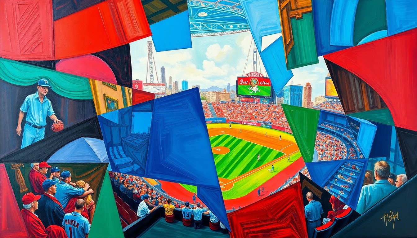 A fractured, geometric painting in bold colors depicting the dynamic movements and shifting perspectives of a baseball game, conveying the competitive spirit and unpredictable nature of the contest.