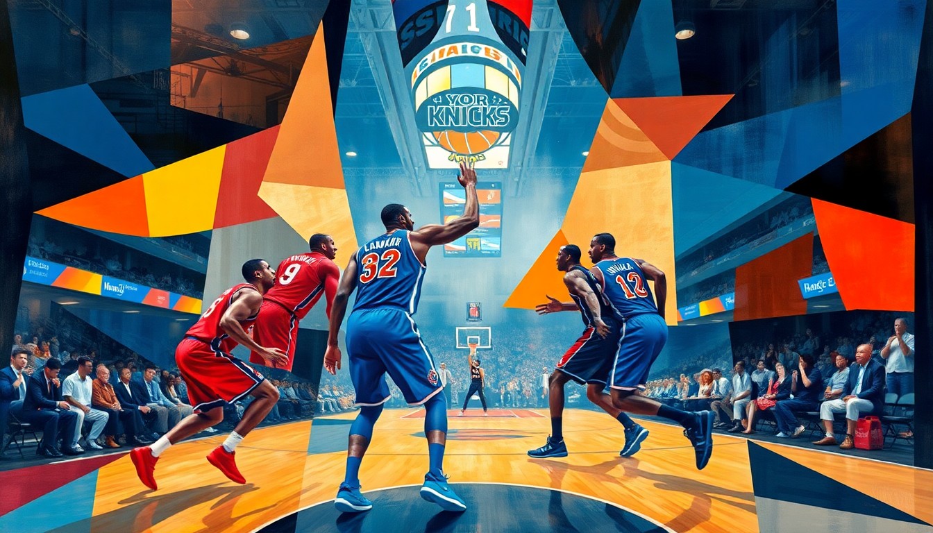 A cubist, geometric painting depicting an abstracted basketball game between the New York Knicks and Atlanta Hawks, with the players' forms broken down into sharp, overlapping planes of color and line.