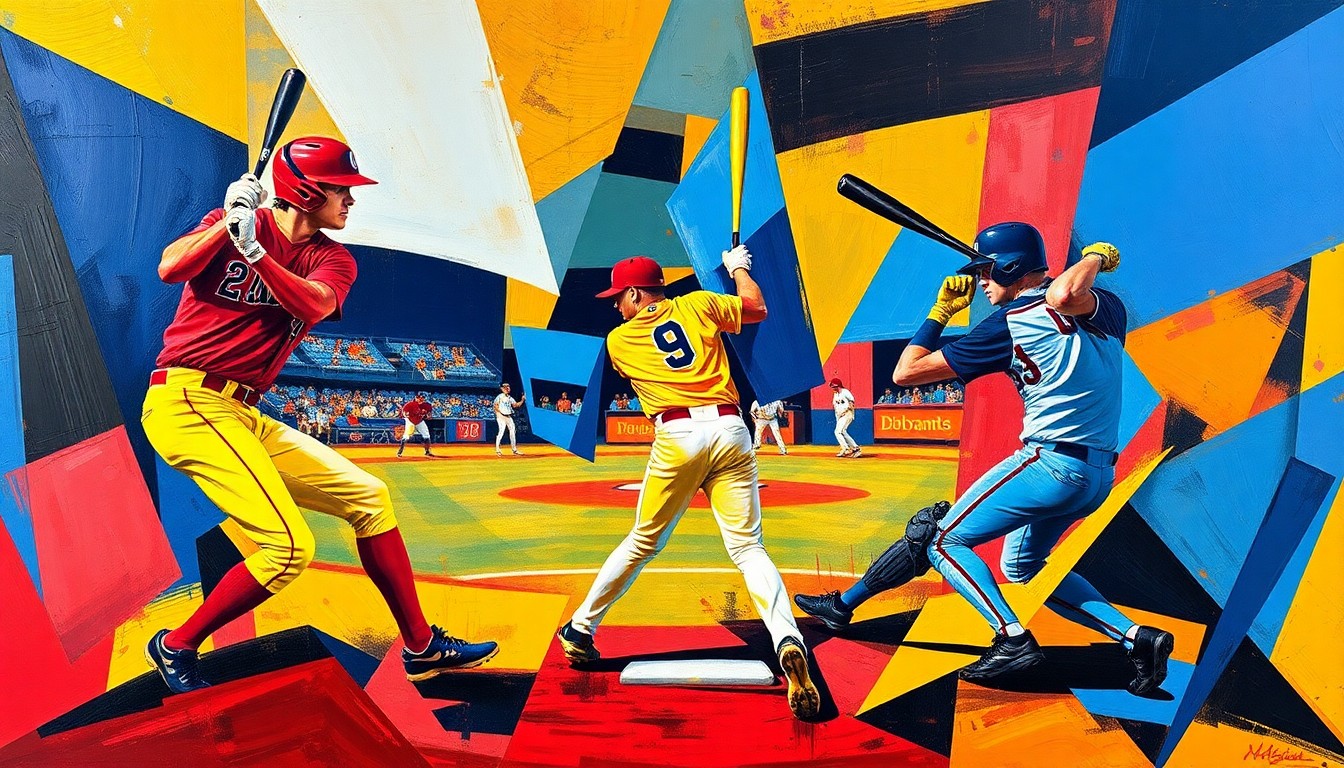 A fractured, cubist-style painting depicting the dynamic, high-scoring baseball action of the Lenoir-Rhyne team, with players' forms abstracted into sharp, overlapping geometric shapes in a vibrant color palette.