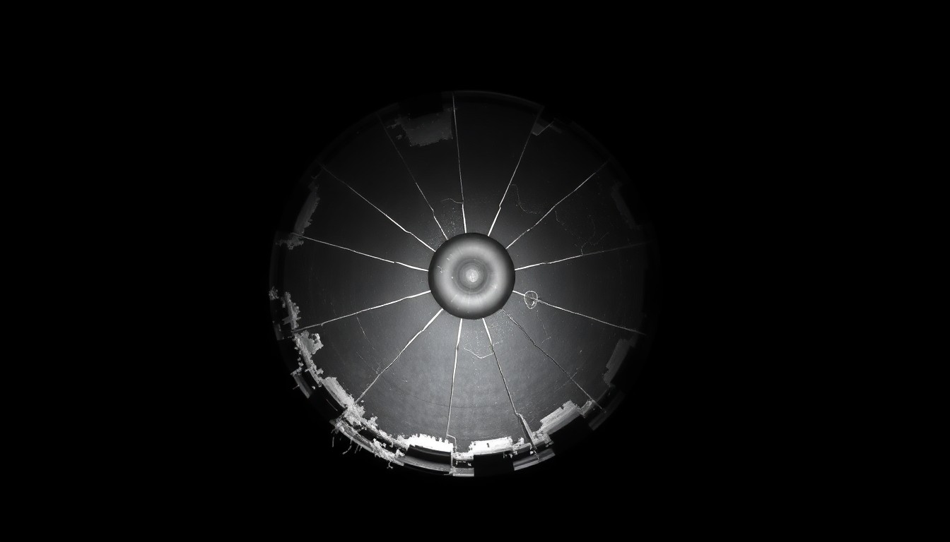 An extreme close-up photograph of a shattered doorbell camera lens against a pitch-black background, lit by a harsh, direct camera flash, conceptually representing the violent home invasion.