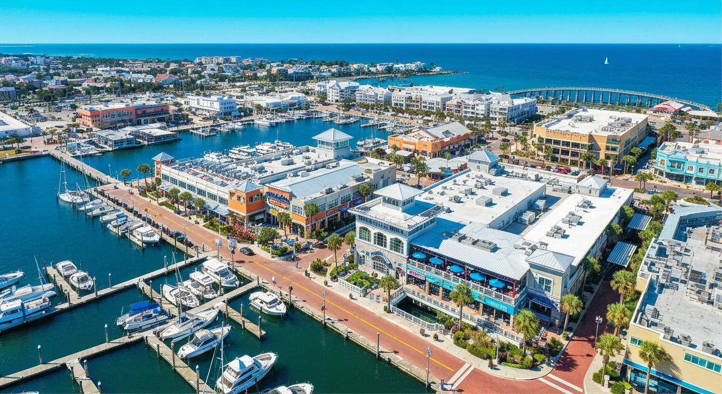 A bold, geometric aerial illustration depicting the sweeping views and sleek architectural forms of Destin's Harborwalk Village waterfront, capturing the vibrant energy and coastal setting of this popular Florida destination.