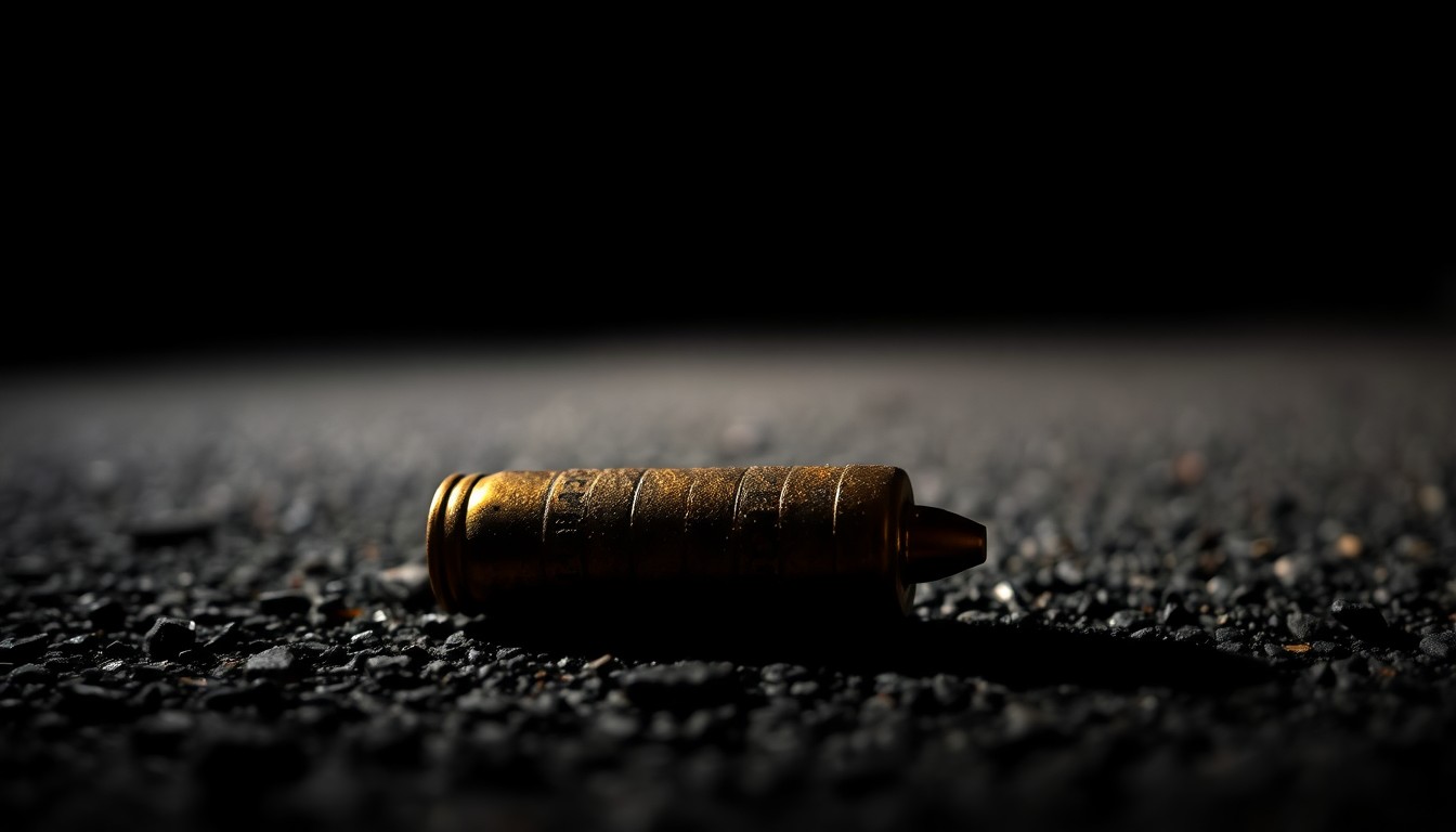 An extreme close-up photograph of a spent bullet casing on asphalt, the harsh flash illuminating its metallic texture against a pitch-black background, conveying the stark, investigative nature of this crime scene.