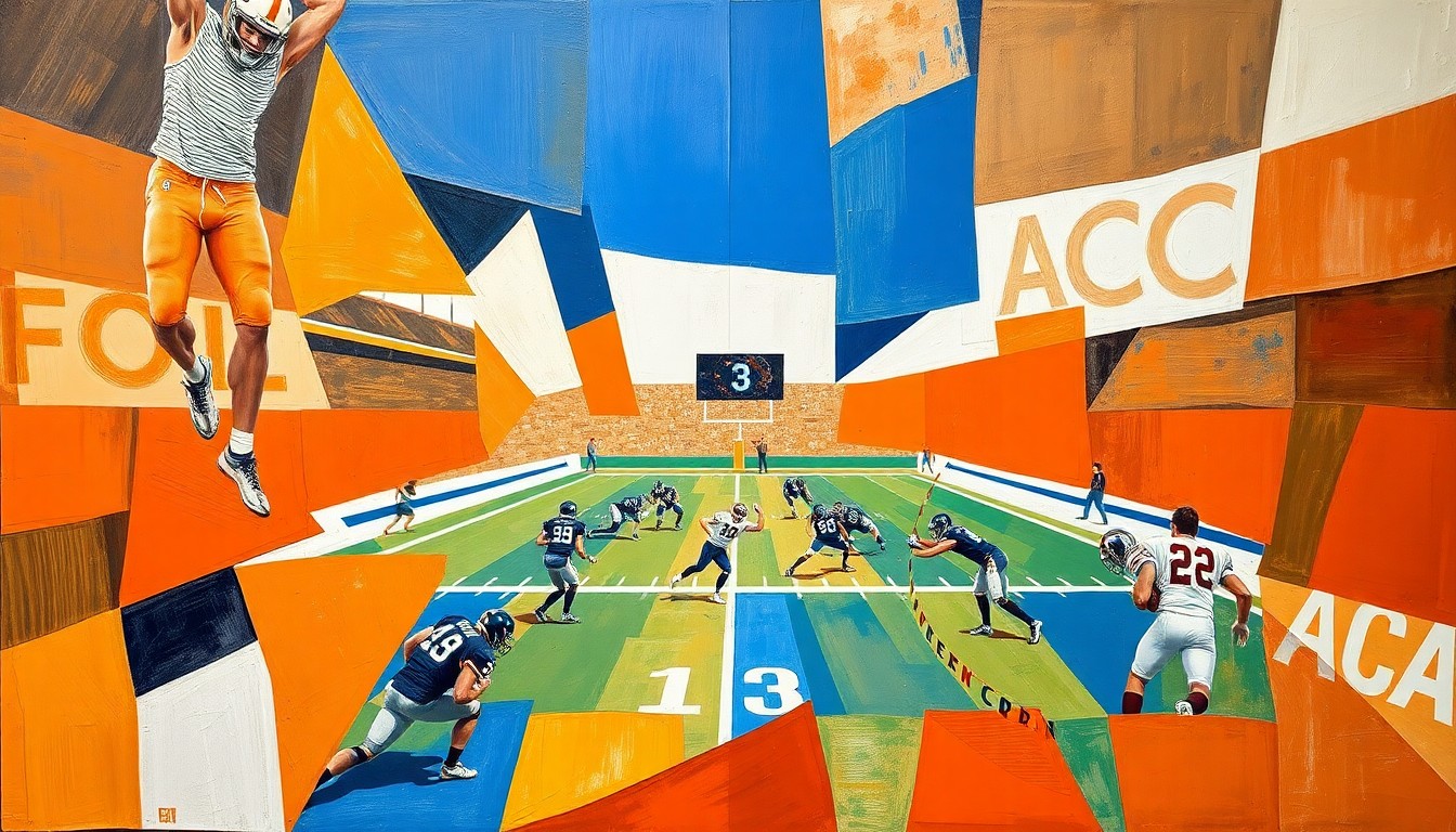 A cubist, geometric painting depicting a fractured, multi-perspective view of a college football player in motion, with sharp planes of burnt orange, royal blue, and white representing the physical toll of the sport.