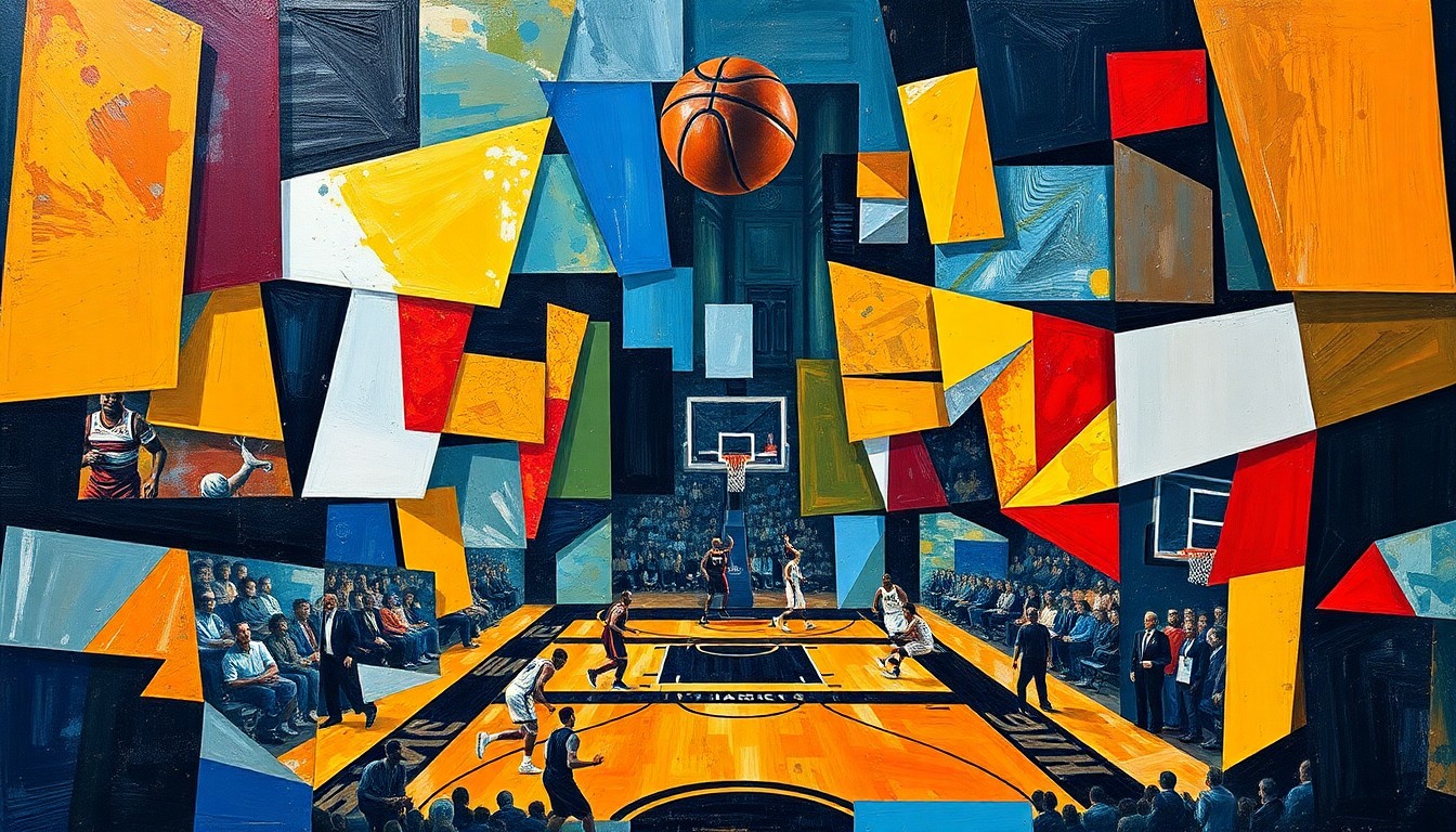 A cubist, geometric painting depicting an NBA basketball game broken down into overlapping planes of color and shape, reflecting the league's evolving expansion strategy.
