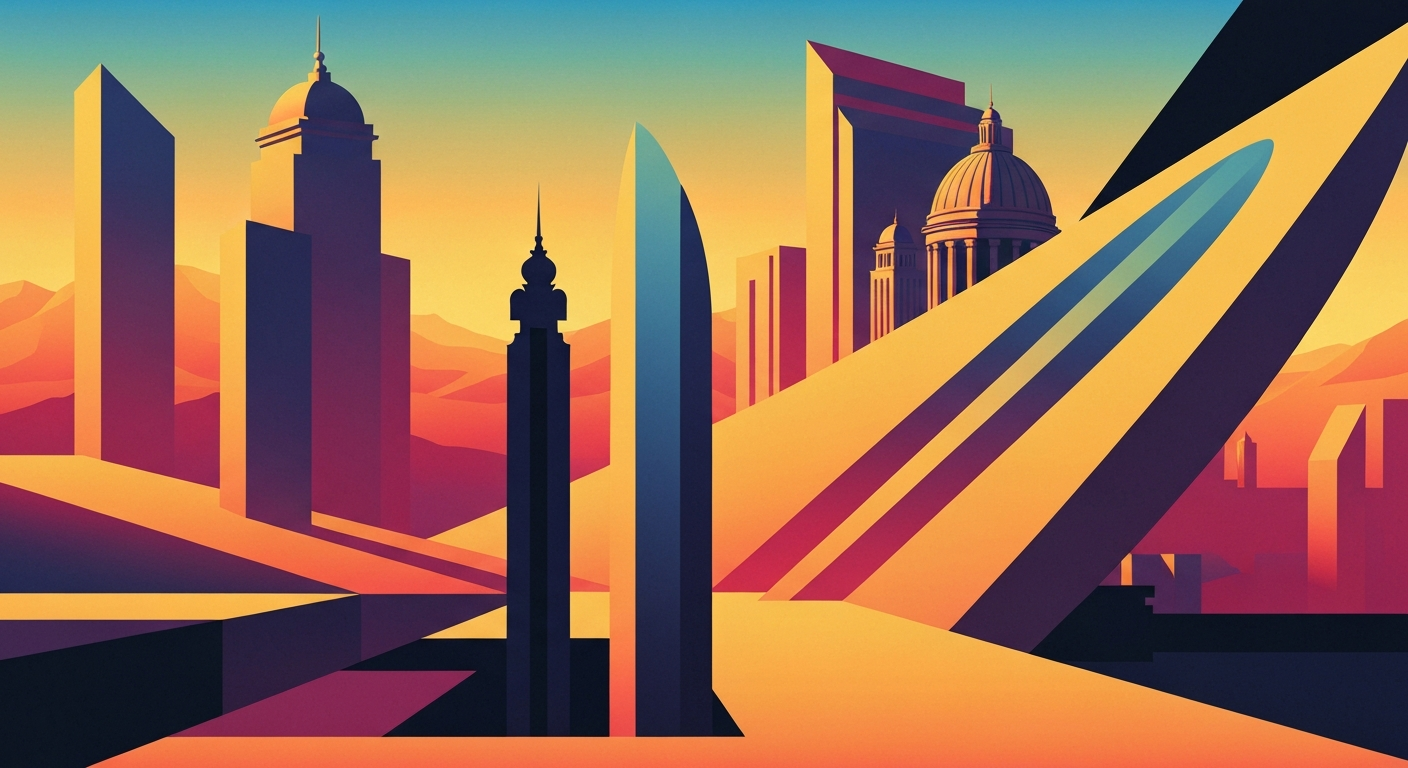 A highly stylized, geometric illustration depicting a sweeping, streamlined airport terminal or aircraft in the distance, with a bold, airbrushed gradient background in shades of blue and orange, conceptually representing the grand scale and connectivity of the new air travel route.