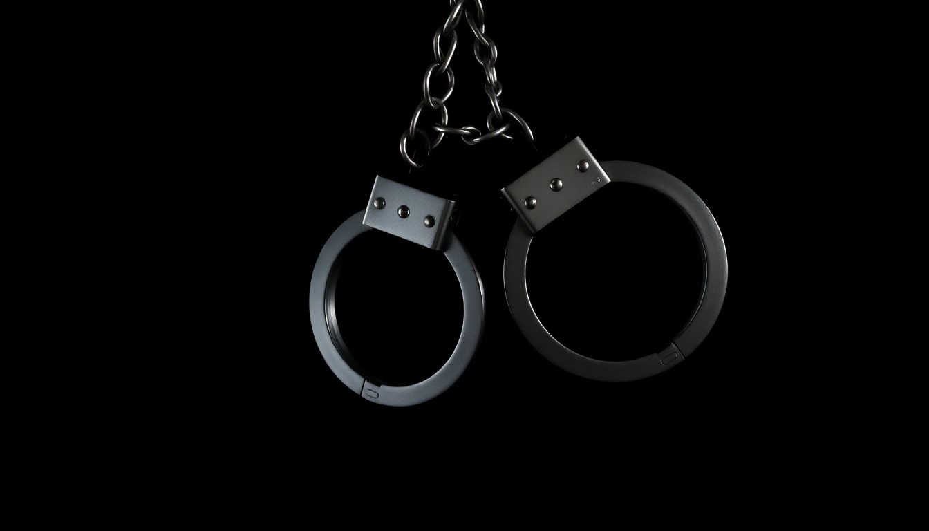 An extreme close-up photograph of a pair of handcuffs against a pitch-black background, creating a stark, gritty, investigative aesthetic that conceptually represents the search for a wanted sexual predator.