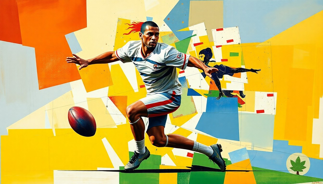 A fragmented, geometric painting depicting the silhouette of a football player in motion, with sharp, overlapping planes of color and form conveying a sense of raw athletic energy and personal growth.