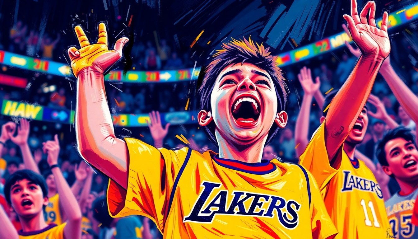 An extreme close-up of a young boy in a Lakers jersey, his mouth open wide in an exuberant cheer, his face and jersey dissolving into a vibrant, neon-colored expressionist painting that captures the raw emotion and unbridled enthusiasm of sports fandom.
