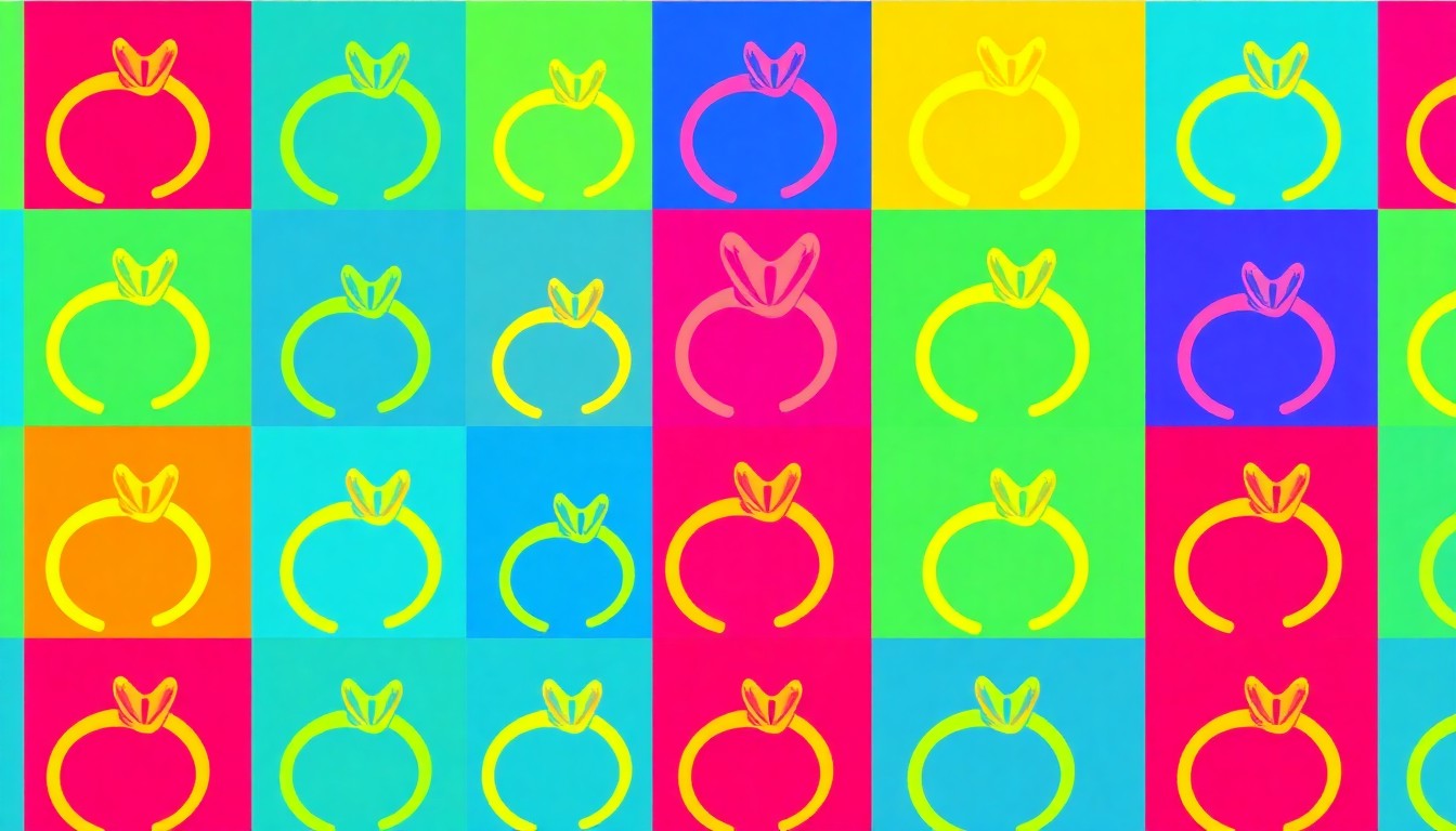 A brightly colored, high-contrast silkscreen print of a single, iconic wedding ring repeated in a tight grid pattern, conceptually representing the complexities and contradictions within a high-profile relationship.