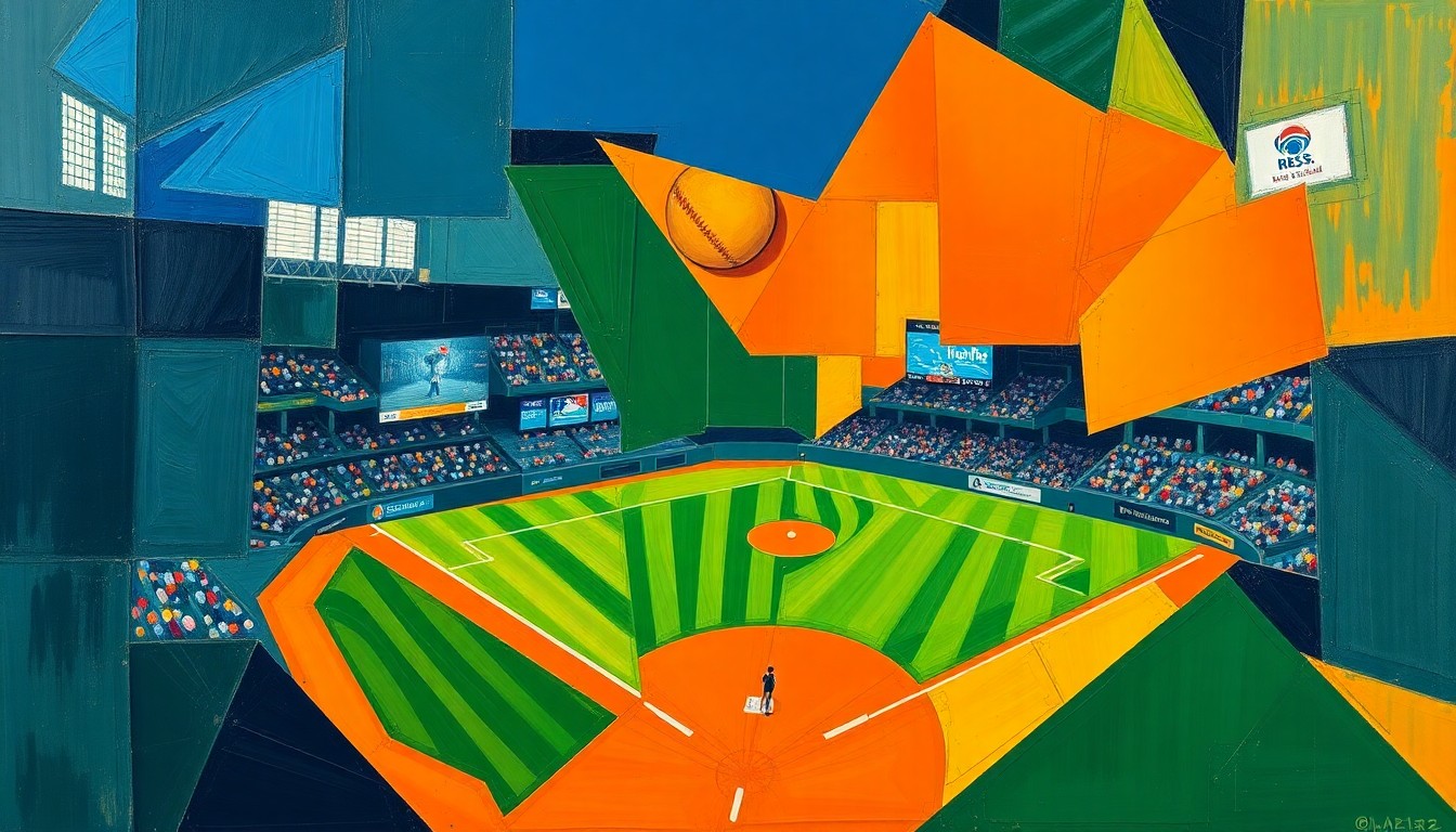 A fragmented, geometric painting depicting various baseball actions and movements, rendered in a bold color palette of navy, green, and orange, capturing the multifaceted success of Penn State's baseball alumni in the 2026 MLB season.