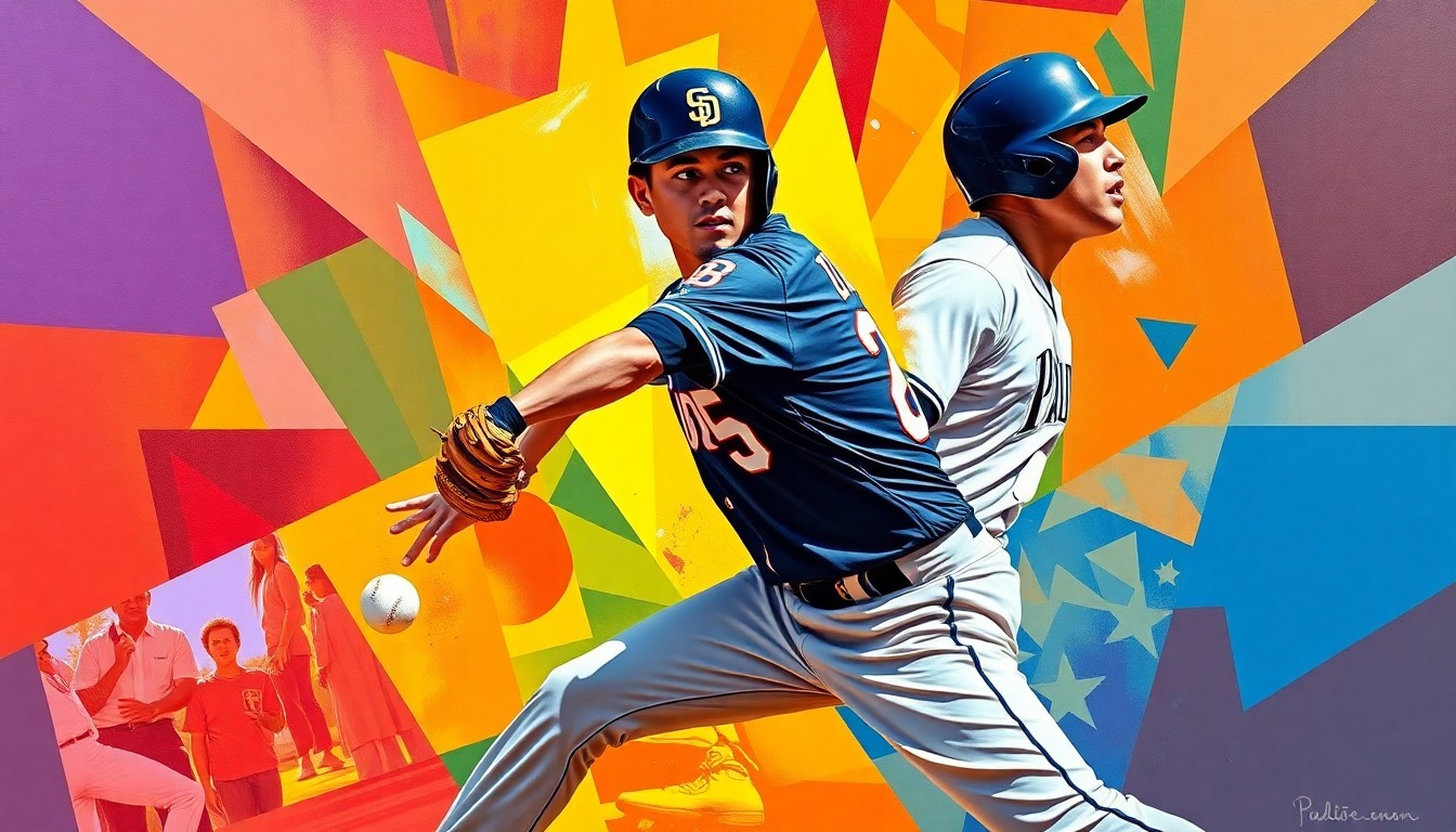 A fractured, cubist-style painting depicting Fernando Tatis Jr. playing second base for the San Diego Padres, with sharp geometric shapes and planes of color representing the dynamic action of the game.
