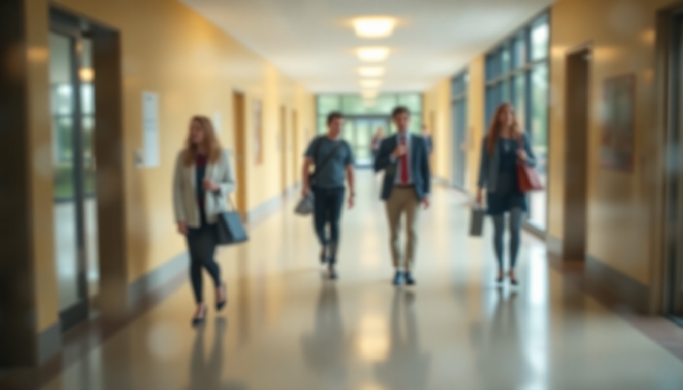 An abstract, out-of-focus scene of blurred figures moving through a private school hallway, captured in a soft, dreamlike wash of warm colors and diffused light.