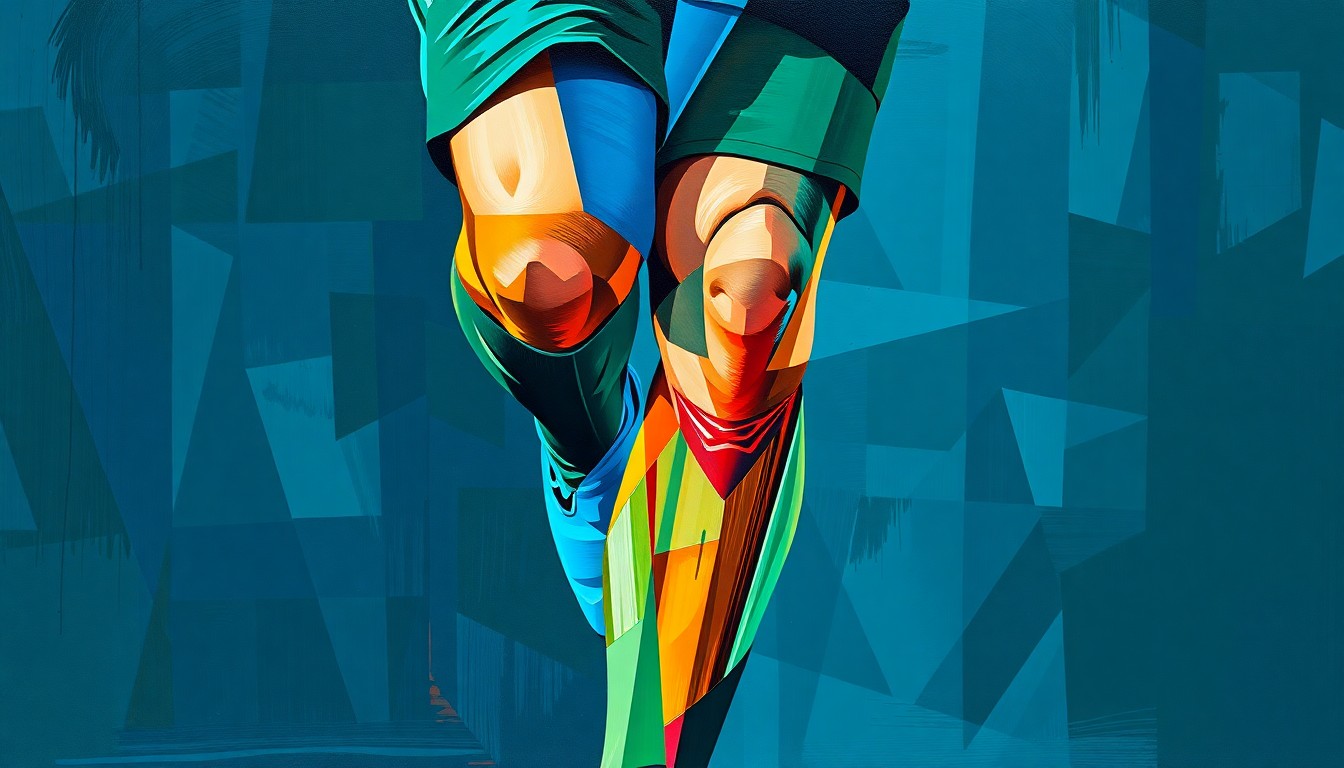 A cubist, multi-angled painting in shades of blue, green, and orange, breaking down the visual elements of a soccer player's knee injury into sharp, overlapping geometric shapes and planes.