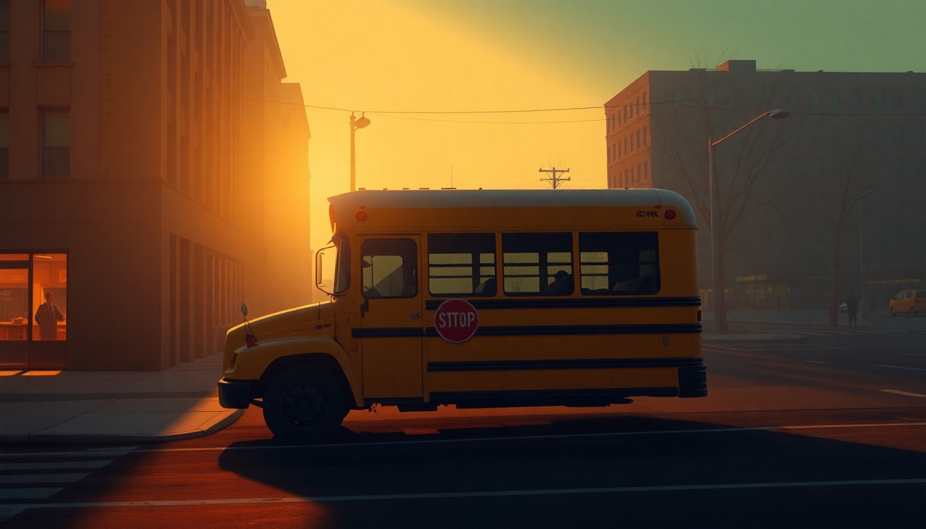 A serene, cinematic painting of a lone school bus parked on an urban street, the vehicle's yellow exterior glowing in the warm, angled sunlight that casts deep shadows across the pavement, conceptually representing the financial uncertainty facing the school district.