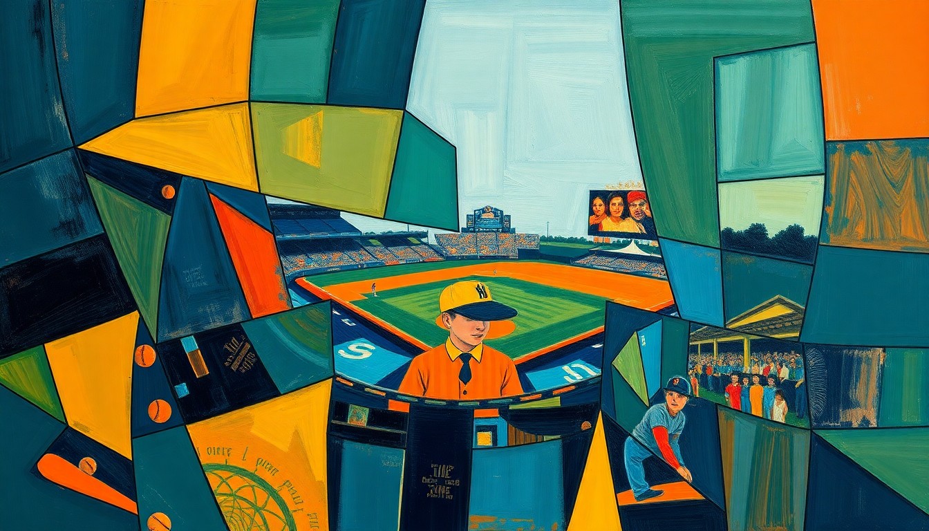 A cubist-style painting featuring overlapping geometric shapes and planes in navy blue, forest green, and burnt orange, conceptually representing the dynamic movements and energy of a baseball game or match.