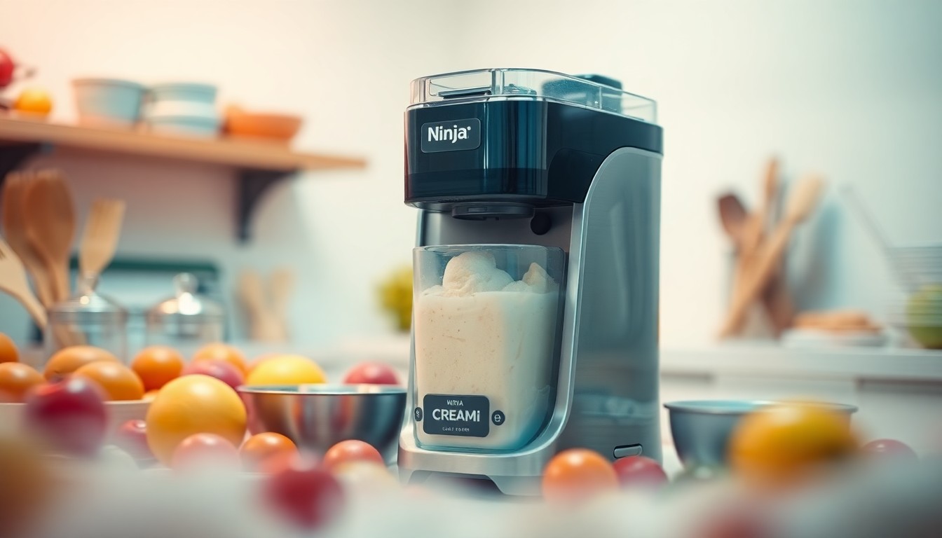 An abstract, out-of-focus scene of kitchen items like a Ninja CREAMi machine, spoons, and ingredients blurred together in soft, warm colors, conceptually representing the deliberate, thoughtful process of making homemade ice cream.