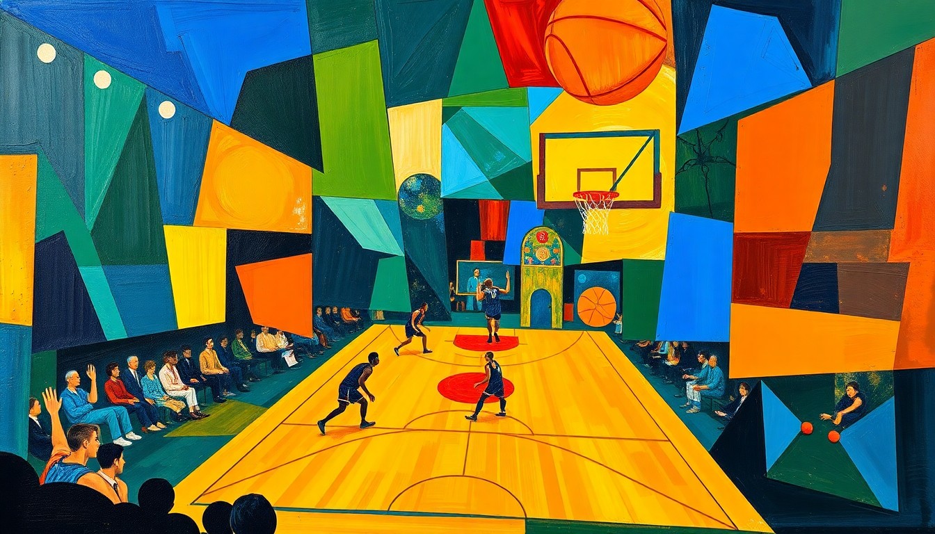 A cubist, geometric painting depicting a basketball game broken down into sharp, overlapping planes of color, capturing the dynamic motion and energy of the sport.