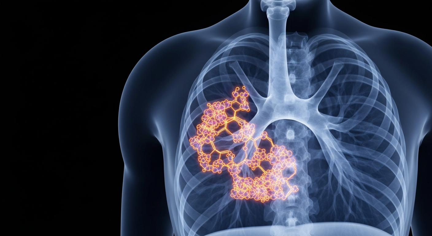 A ghostly, translucent X-ray photograph revealing the internal structure of a human lung, with the EGFR protein highlighted in glowing neon lines, conceptually representing the clinical significance of a new subcutaneous formulation of the EGFR-targeted drug amivantamab for patients with NSCLC.
