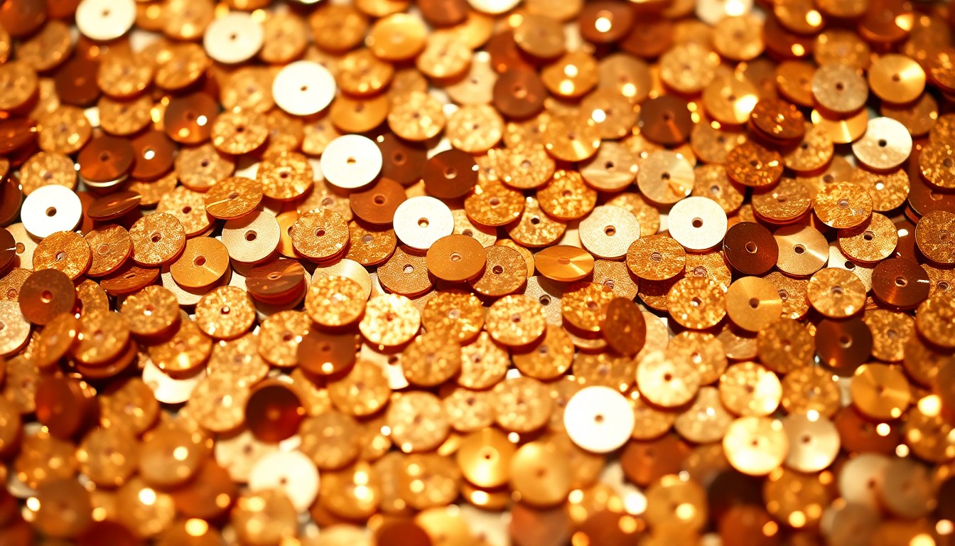 An extreme close-up photograph of shimmering, reflective sequins in warm metallic tones, capturing the high-fashion elegance and celebrity allure of the Emmy Awards.