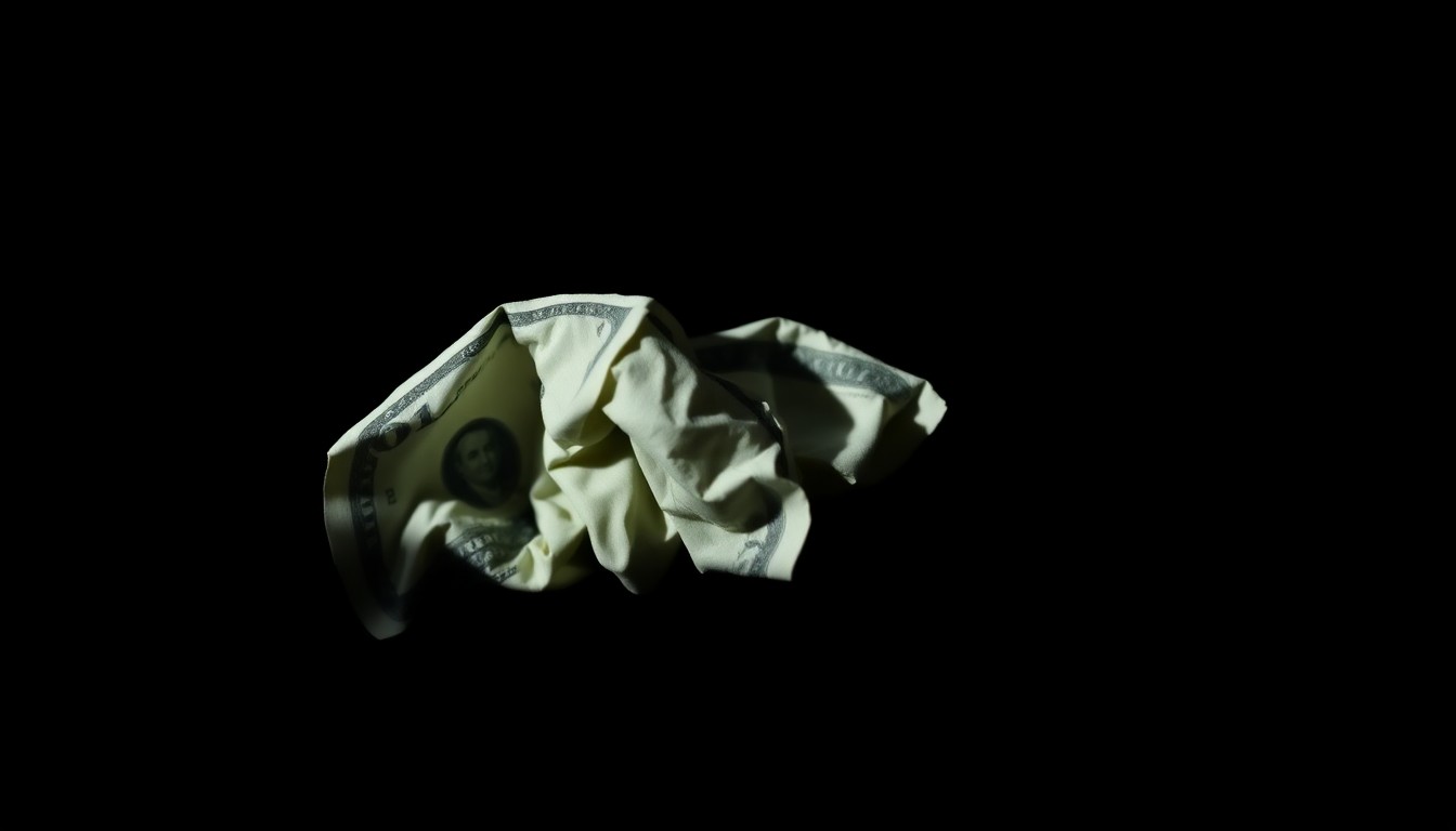 An extreme close-up photograph of a crumpled dollar bill against a pitch-black background, lit by a harsh, direct camera flash, conceptually illustrating the serious legal implications of an employee refusing to return a large payroll overpayment.