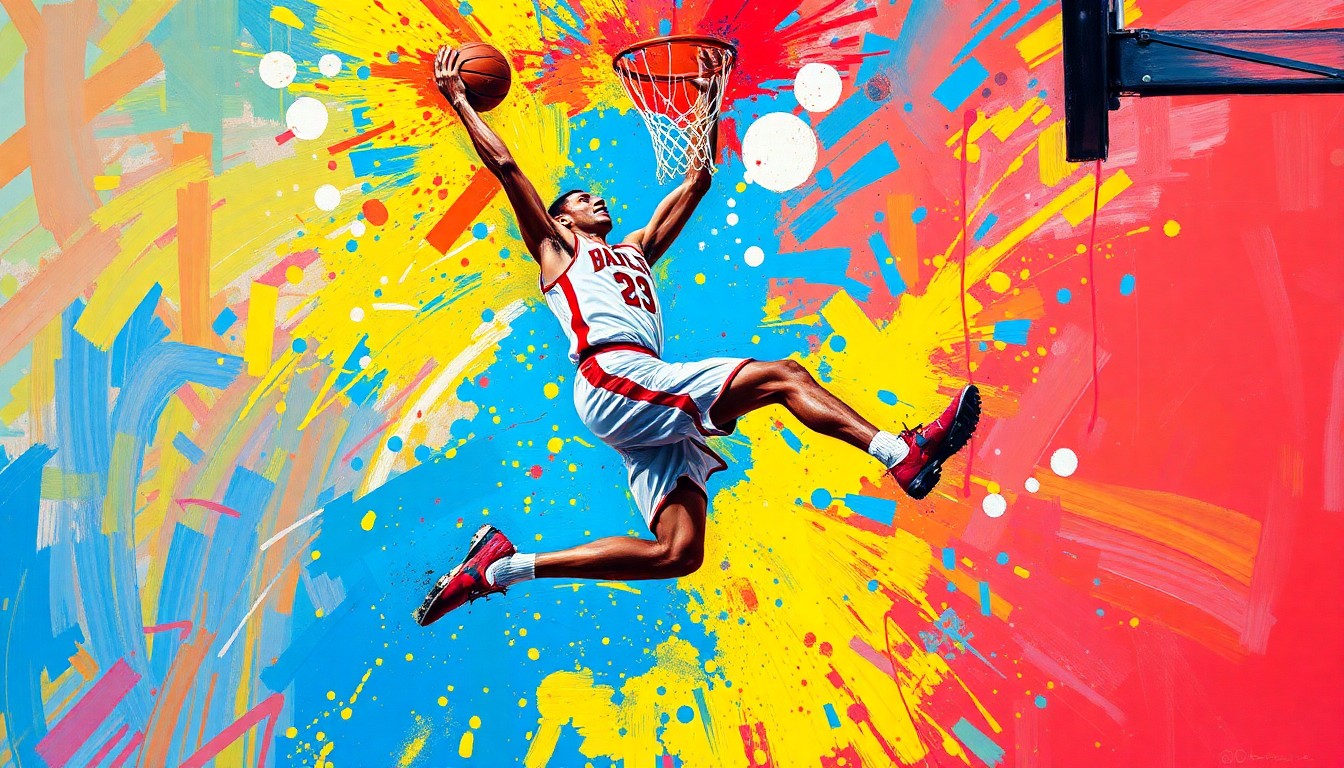 An extreme close-up of Norm's body mid-dunk, with his form dissolving into a vibrant, expressionist painting of neon colors and rapid brushstrokes, capturing the raw energy and power of his athletic movement.