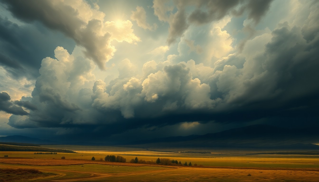 A vast, atmospheric landscape painting in muted tones of gray, blue, and gold, depicting an approaching storm system that dwarfs the small structures and objects in the foreground, conveying the overwhelming scale and power of the impending severe weather.