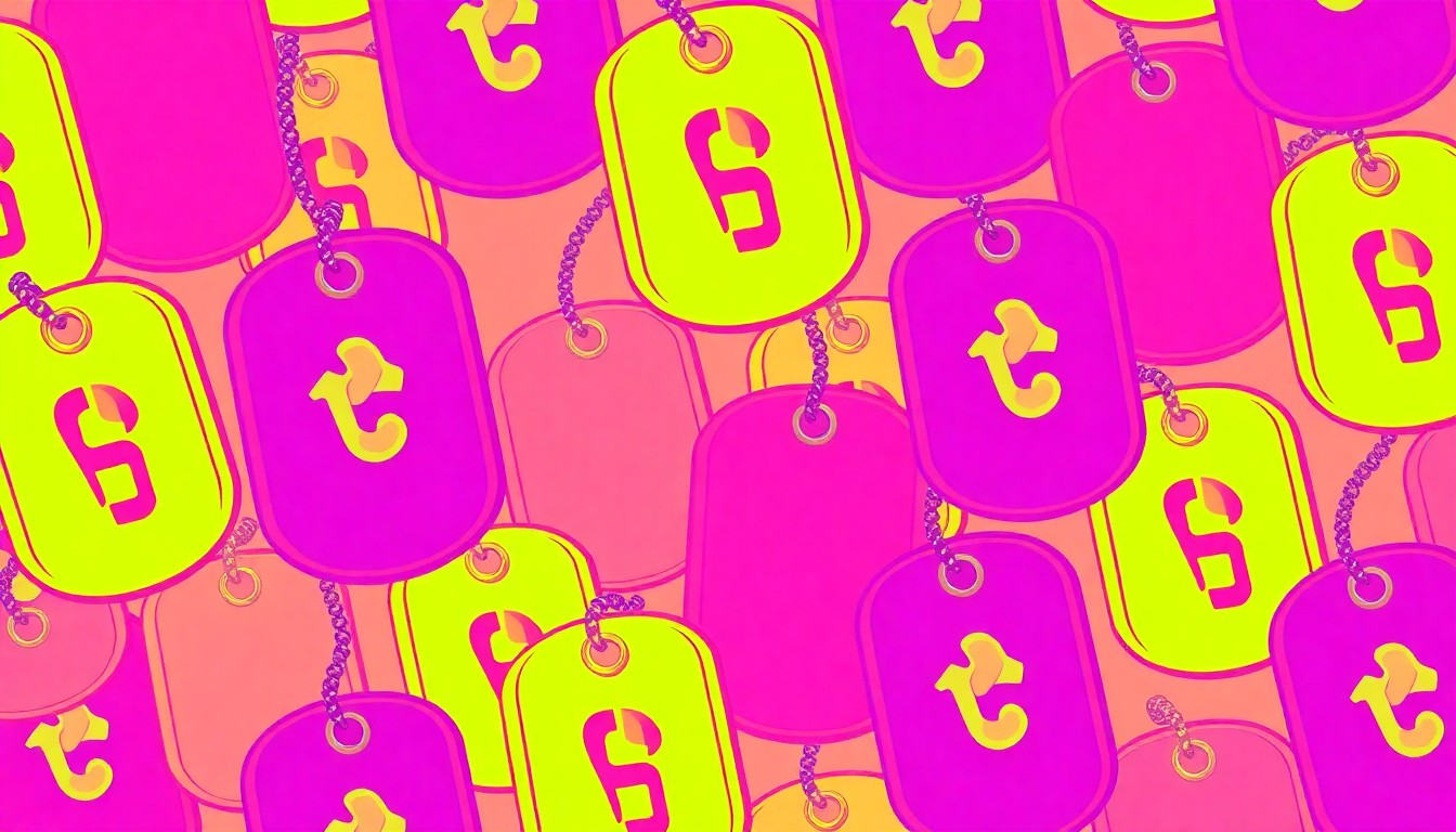 A bold, pop art-inspired illustration featuring a repeating pattern of military dog tags in a vivid neon color scheme, conceptually representing the mission of the Miami Valley Veterans Museum to honor the legacy of local veterans.