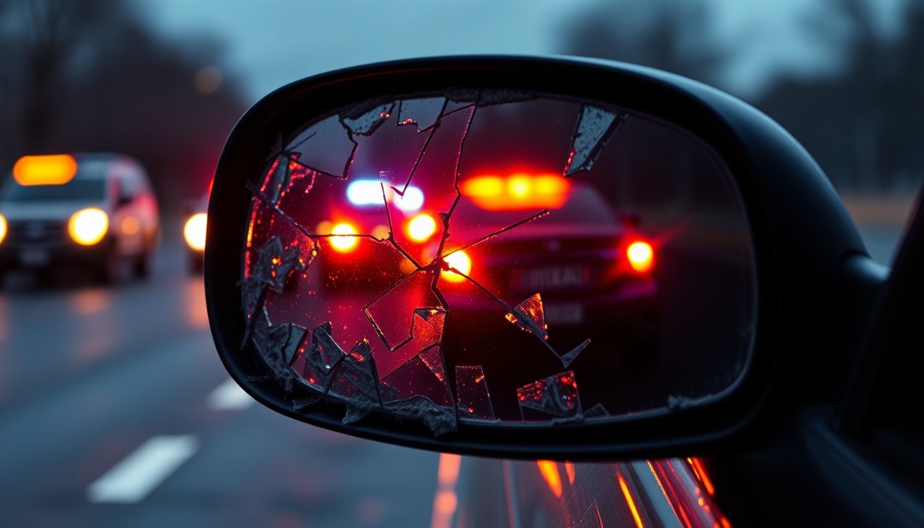 An extreme close-up photograph of a shattered car side mirror reflecting the flashing lights of emergency vehicles, conceptually illustrating the gritty aftermath of a hit-and-run collision.