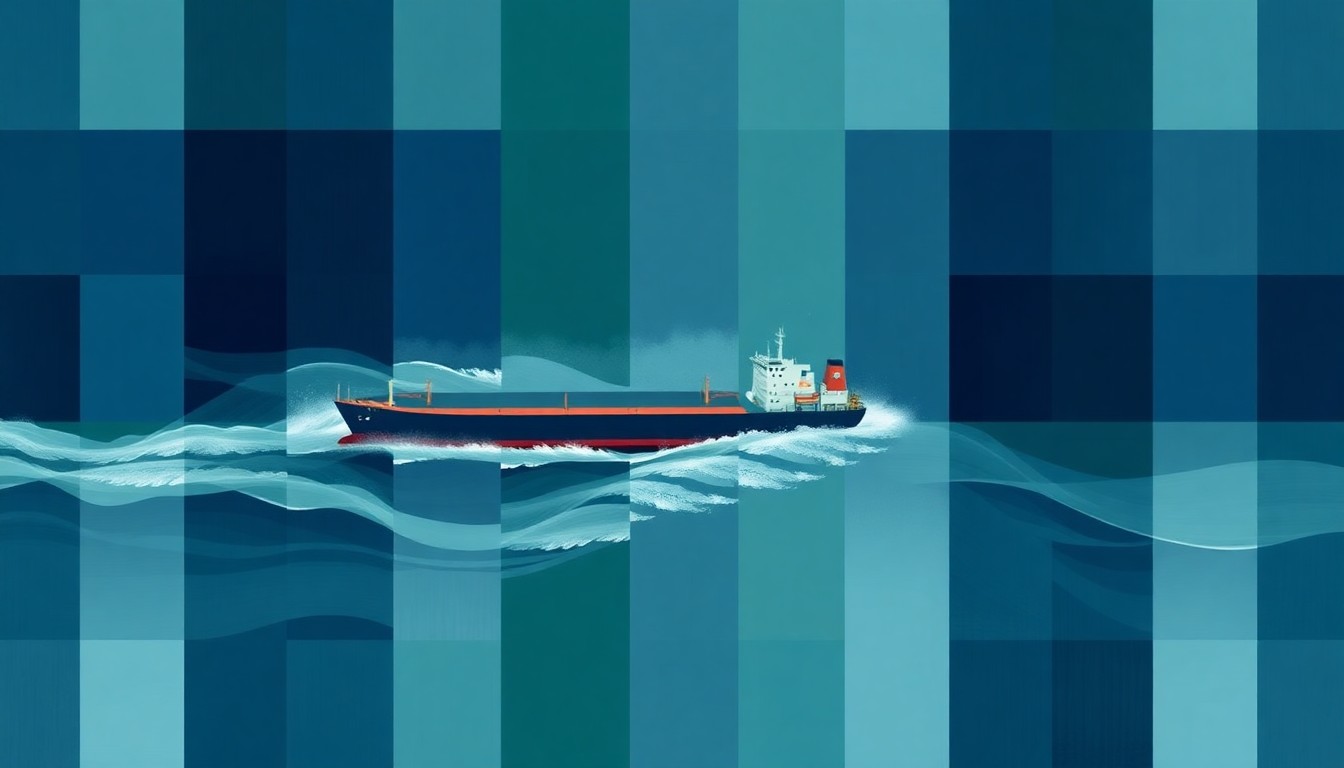 A dynamic, abstract painting of an oil tanker ship in the Strait of Hormuz, with the vessel's form fractured and repeated in overlapping geometric waves of deep blue, teal, and charcoal gray, conveying the volatility and uncertainty surrounding the geopolitical conflict.
