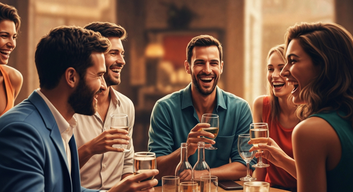 A minimalist design in the style of Keith Haring where a group of people gathered around a table are defined entirely by glowing, vibrant neon lines against a deep, dark background, emphasizing the shape and energy of the celebratory scene.