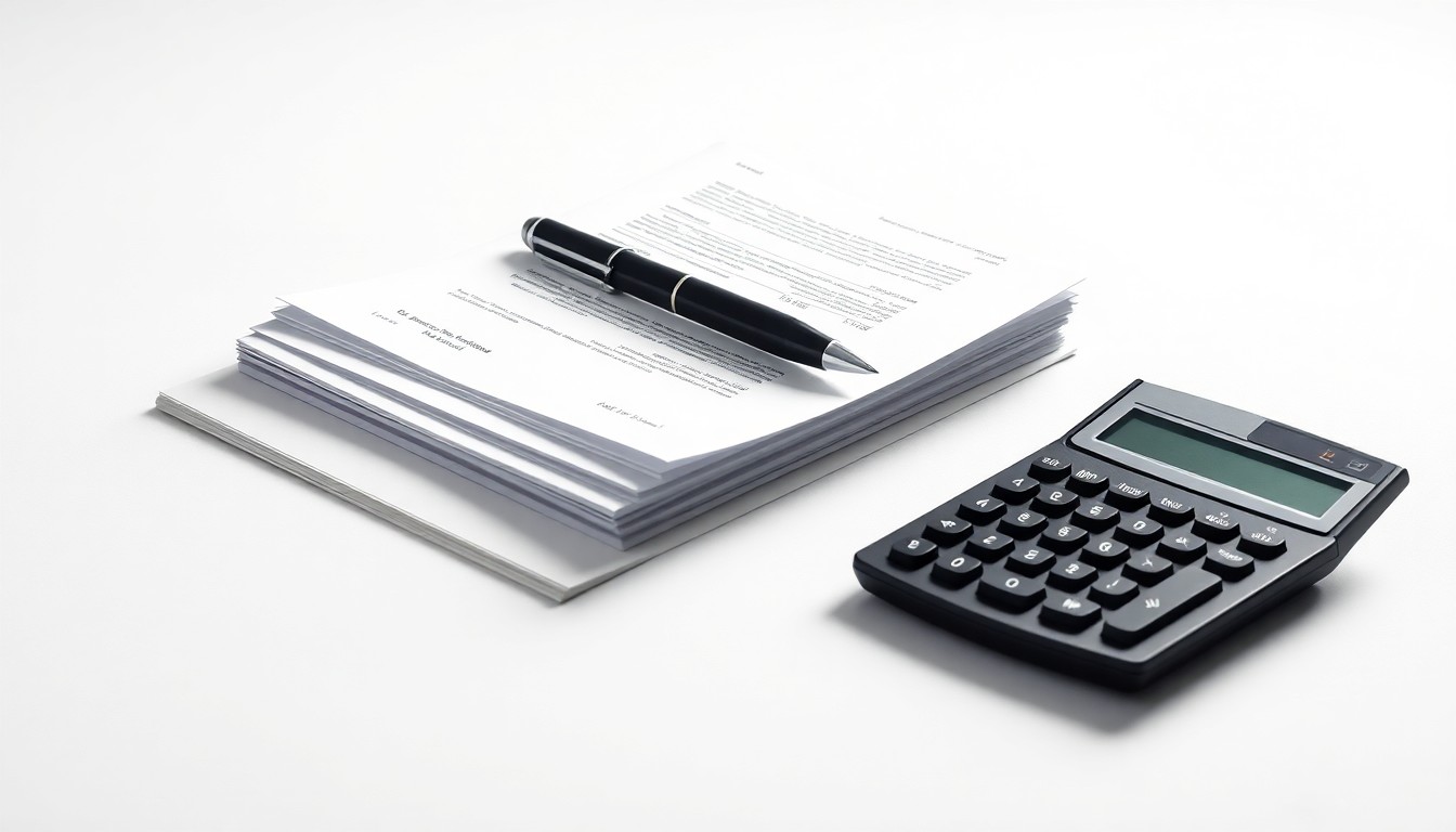 A minimalist studio photograph featuring a stack of financial documents, a pen, and a calculator arranged elegantly on a clean, white background, conveying the abstract concepts of corporate strategy, finance, and risk through polished, symbolic objects.