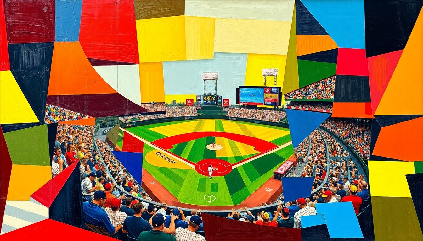 A fragmented, abstract painting featuring bold geometric shapes and planes of bright blue, red, and yellow, conceptually representing the excitement and energy of a minor league baseball game's climactic conclusion.