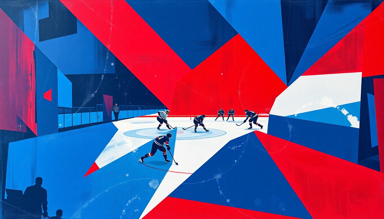 A cubist, geometric painting depicting an ECHL hockey game, with the players and puck broken down into sharp, overlapping shapes in a vibrant color palette.