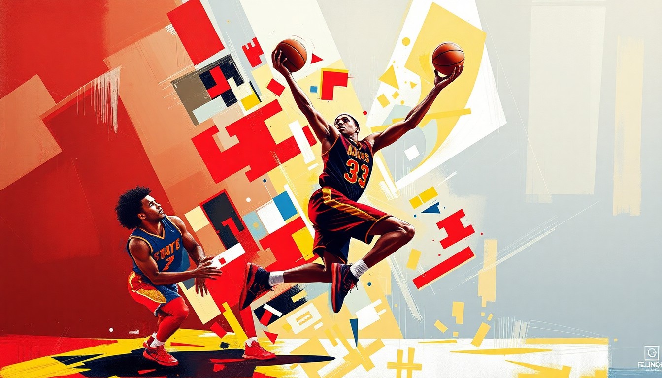 A fractured, cubist-style painting depicting the dynamic motion of a college basketball player, with sharp geometric shapes and planes in the official colors of the Iowa State Cyclones, conceptually representing the transition and evolution of the team's roster.