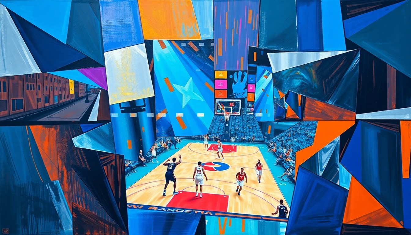 A fractured, cubist-style painting depicting the dynamic movements and energy of a WNBA basketball game, with sharp geometric shapes and planes in vibrant colors representing the strategic maneuvering of the players on the court.