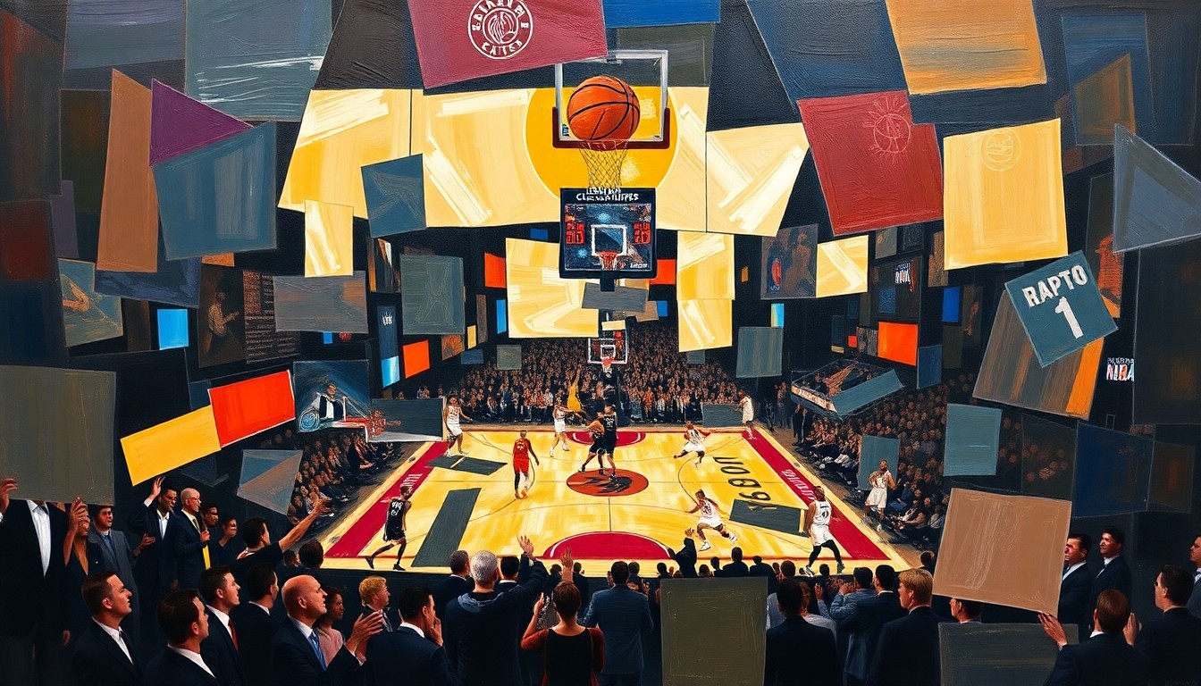 A cubist, geometric painting depicting a basketball game between two teams, with the players and court broken down into sharp, overlapping planes of color and shape.