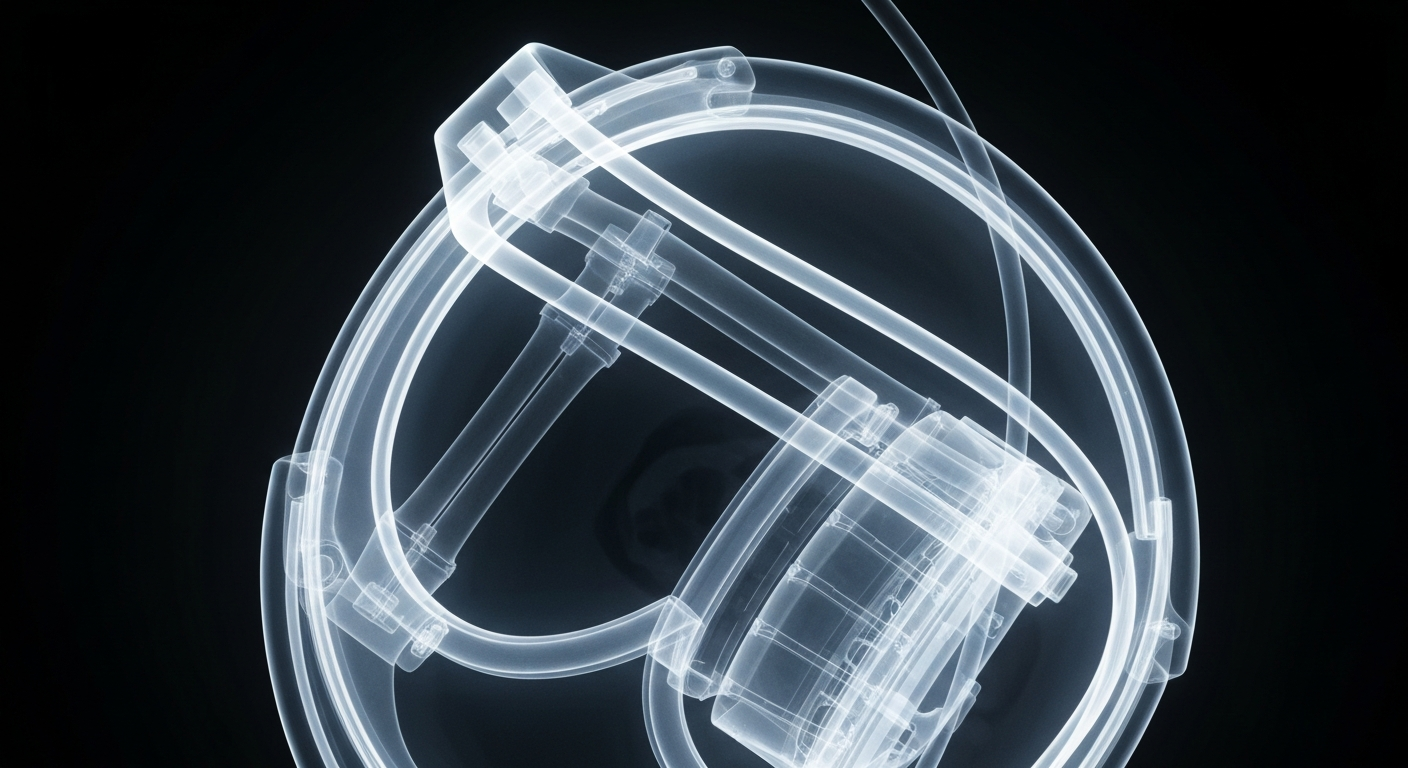 A translucent X-ray photograph showing the intricate internal structure of a high-tech medical device used for anti-aging treatments, glowing against a dark background.