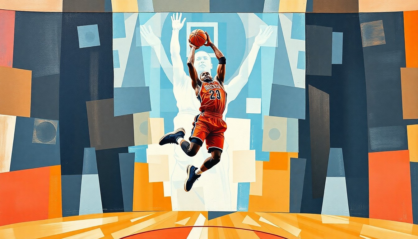 A cubist-style painting depicting a basketball player's jump shot broken down into sharp, overlapping geometric shapes and planes, conceptually representing the fragmented nature of Cooper Flagg's injury-shortened season.