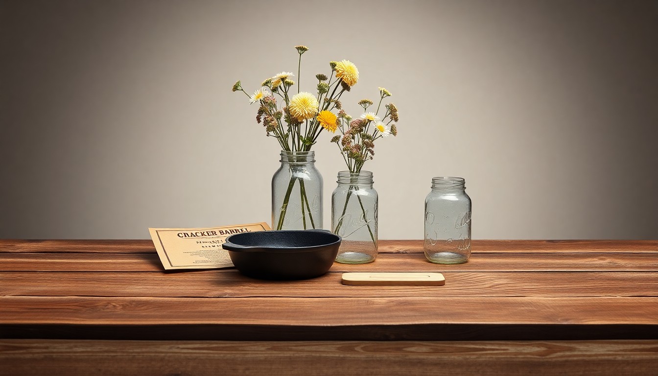 A high-end, photorealistic studio still-life photograph featuring a rustic wooden table with a Cracker Barrel menu, a cast iron skillet, and a mason jar filled with wildflowers, representing the timeless, homestyle appeal of the restaurant brand.