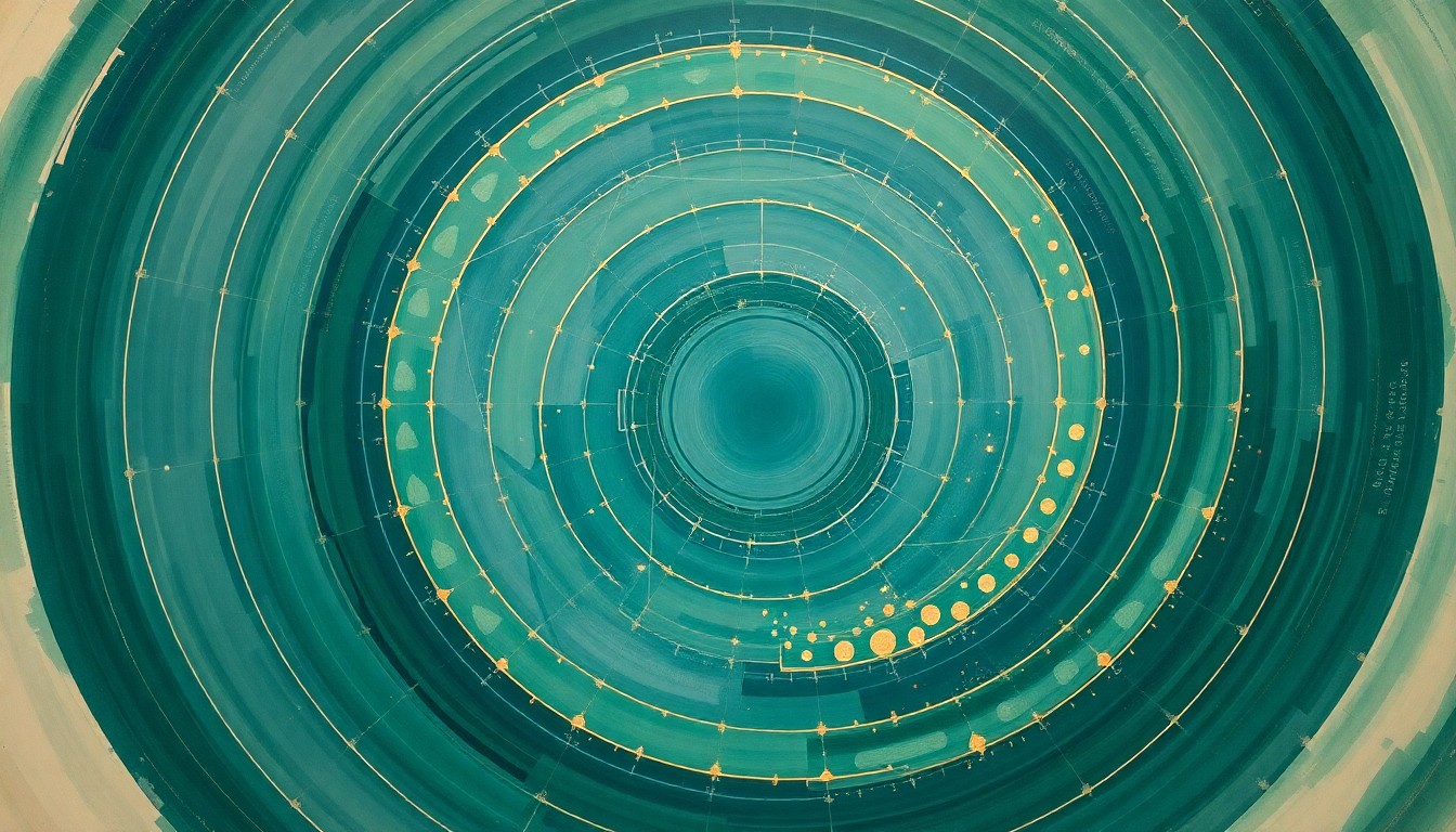 An abstract painting in soft, earthy tones of blue, green, and gold, featuring sweeping geometric arcs, concentric planetary circles, and precise botanical spirals, conceptually representing the Artemis II mission and the vast expanse of space.